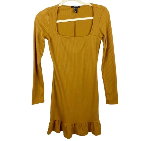 Forever 21 Brown Ribbed Square Neck Bodycon Dress Long Sleeve Ruffle Small Forever 21 Brown Ribbed Square Neck Bodycon Dress Long Sleeve Ruffle Small